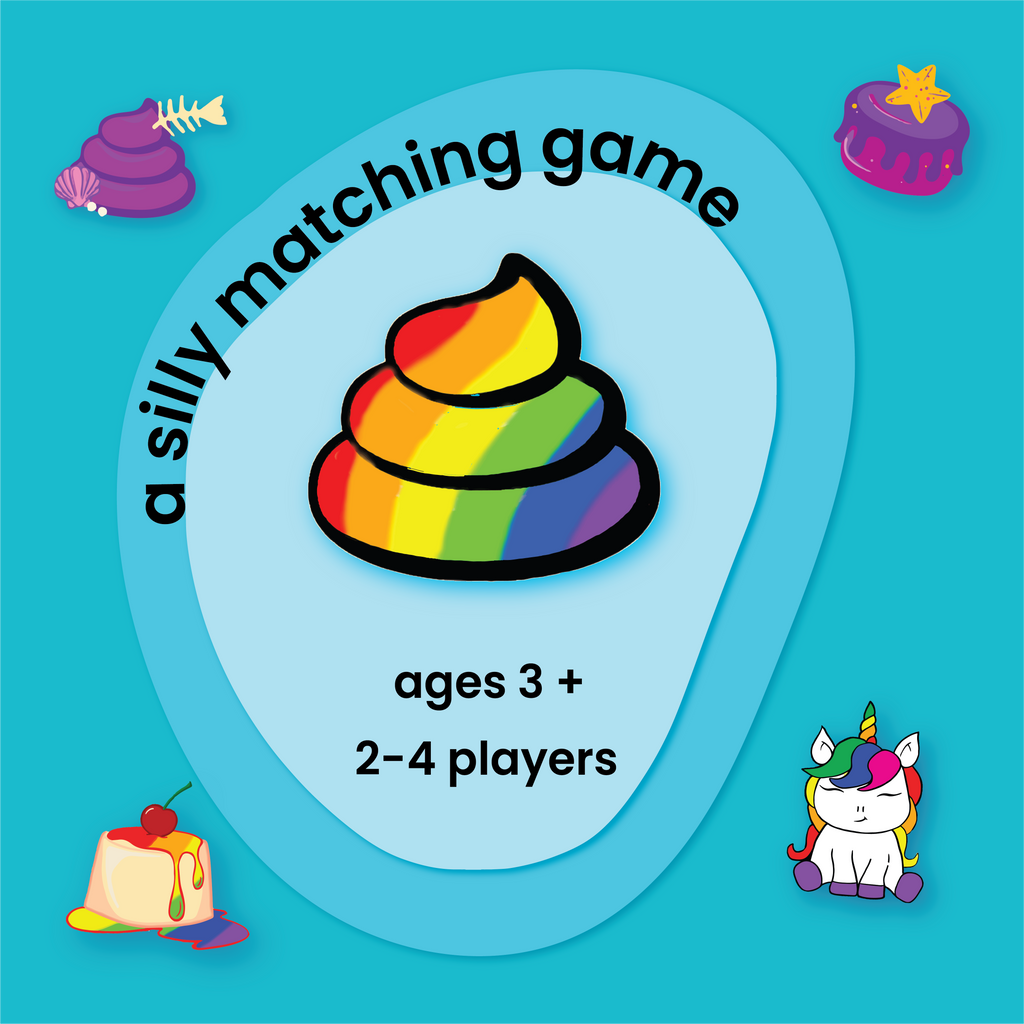 image that says a silly matching game and indicates 2-4 players with image of unicorn and treats and poops