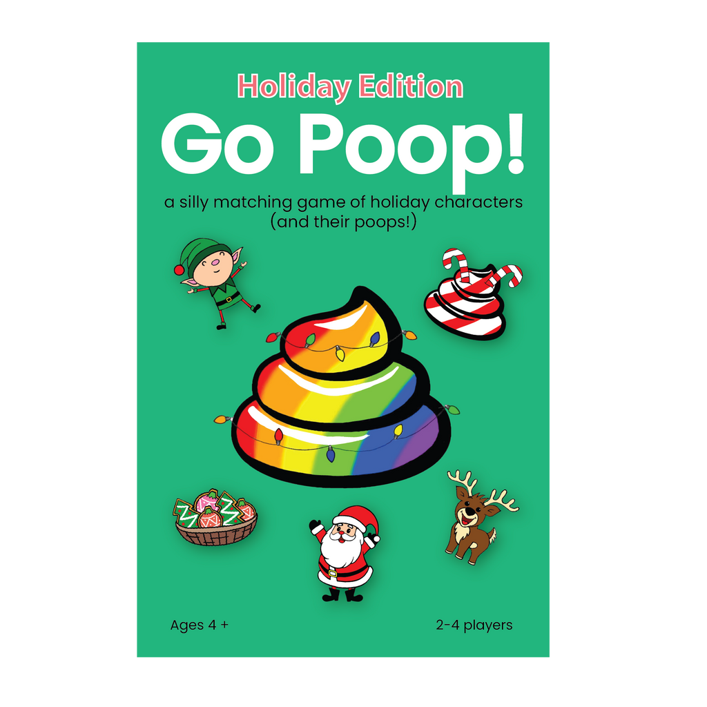 Game box for 'Go Poop!' with holiday-themed illustrations on a green background