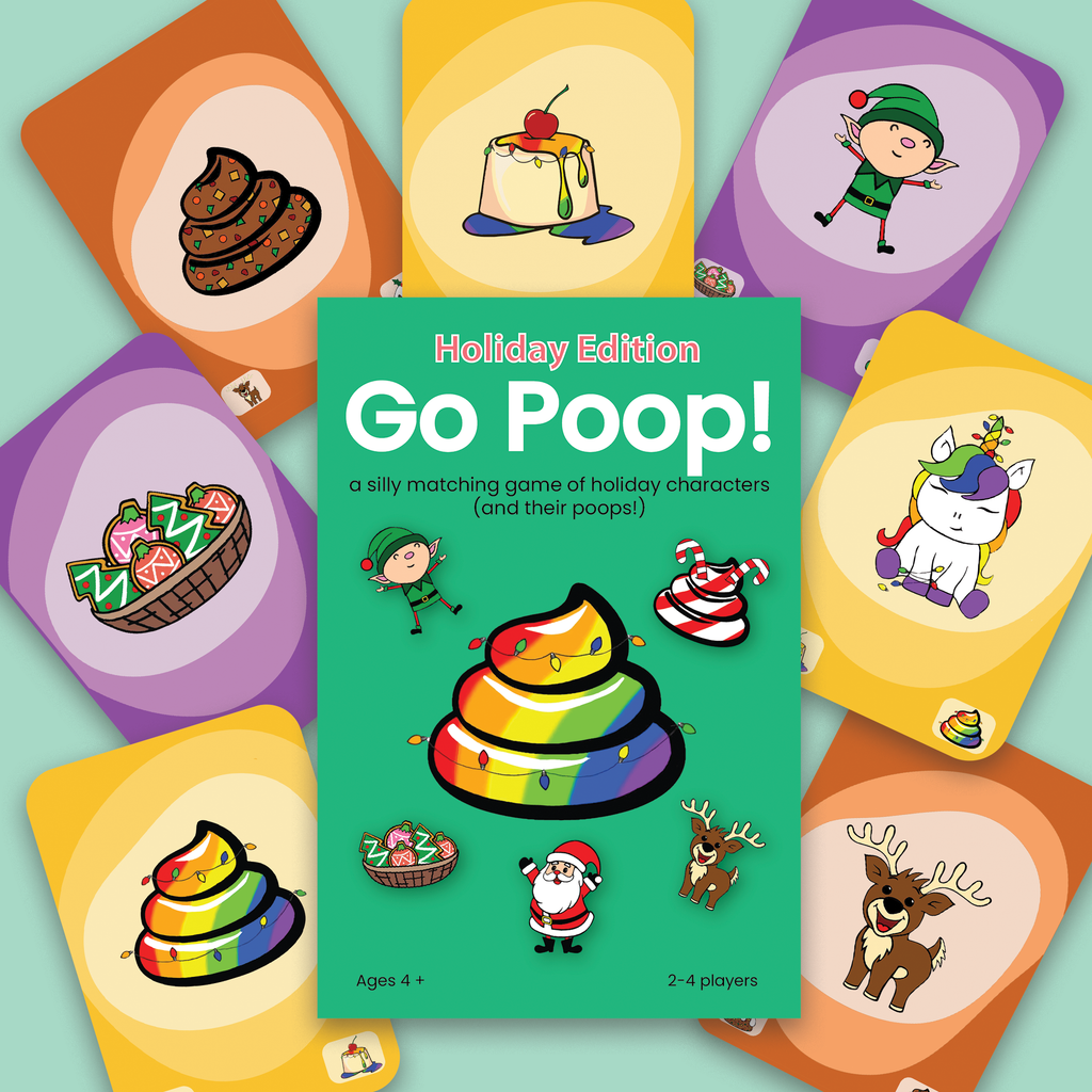 Board game packaging for 'Go Poop!' with colorful cards and a green title card on a light blue background.