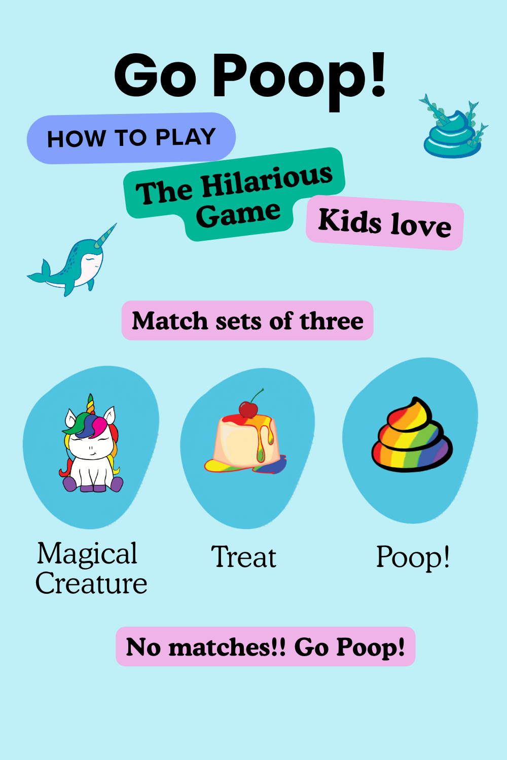 How to Play Go Poop with images of  'Magical Creature', 'Treat', and 'Poop!' on a light blue background.