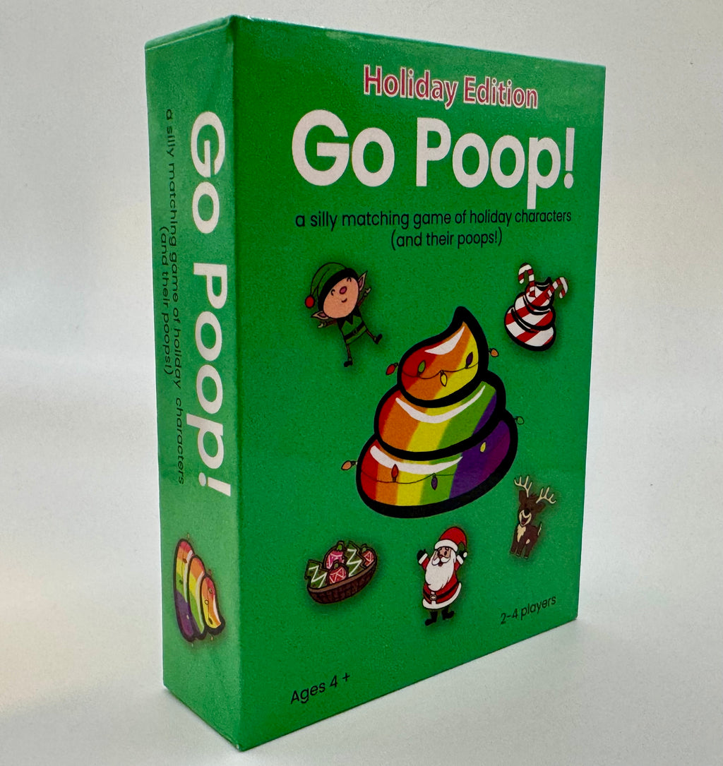 Green box of 'Go Poop!' game with colorful illustrations on a white background