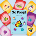 image of Go Poop! card box with cards scattered behind it, showing the unicorn and the poops and treats from the unicorn, dragon and others