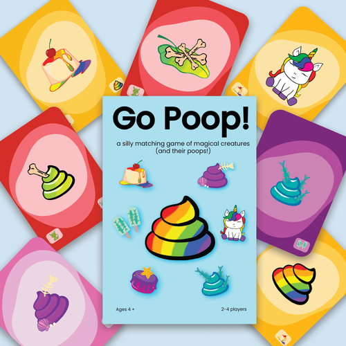 image of Go Poop! card box with cards scattered behind it, showing the unicorn and the poops and treats from the unicorn, dragon and others